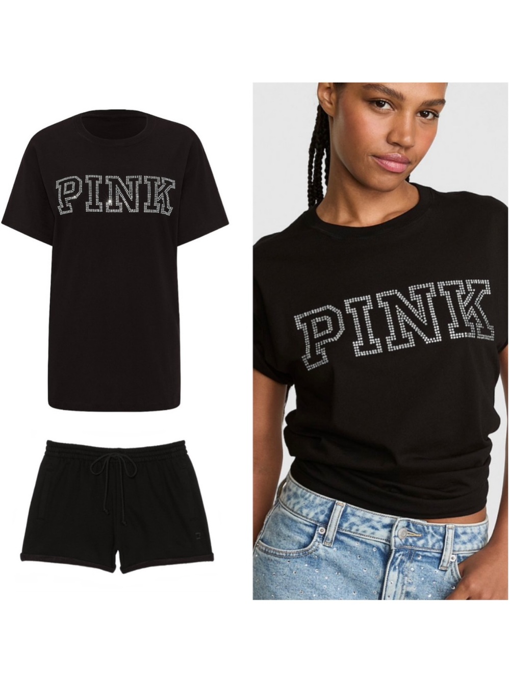 PINK Victoria's Secret Black Bling Diamanté Logo Campus Tee & Fleece Shorts L
